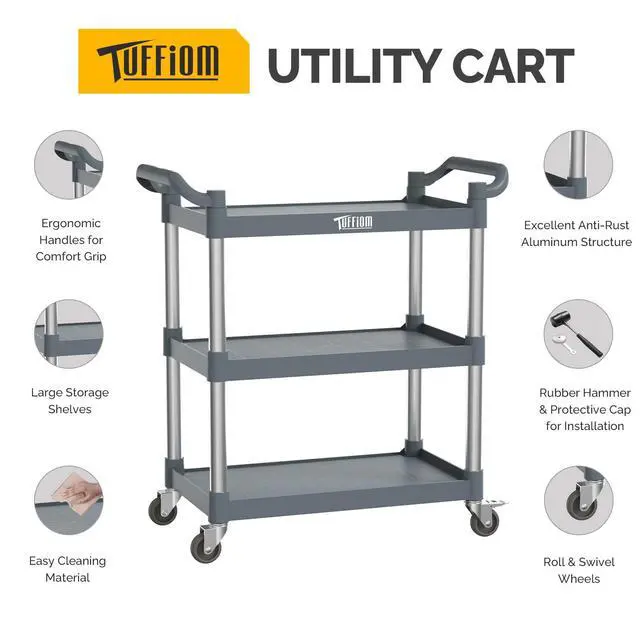 Alt view image 2 of 7 - 3-Tier Plastic Service Utility Cart with Wheels,Heavy Duty 390lbs Capacity,Commercial Rolling for Restaurant, Foodservice, Office, Warehouse, Gray 24.6''L x 15.8''W x 37.4''H