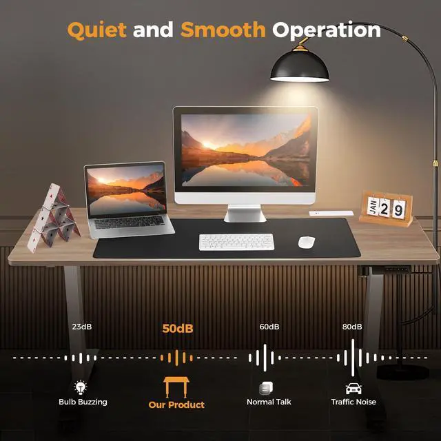 Alt view image 6 of 7 - Electric Standing Desk with Power Outlets and USB-C Port, 63 x 24 Inches Adjustable Height Sit Stand Up Desk for Home Office, Adjustable Desk with Memory Preset and Wheels, Oak
