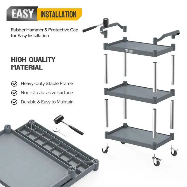Alt view image 5 of 7 - 3-Tier Plastic Service Utility Cart with Wheels,Heavy Duty 390lbs Capacity,Commercial Rolling for Restaurant, Foodservice, Office, Warehouse, Gray 24.6''L x 15.8''W x 37.4''H