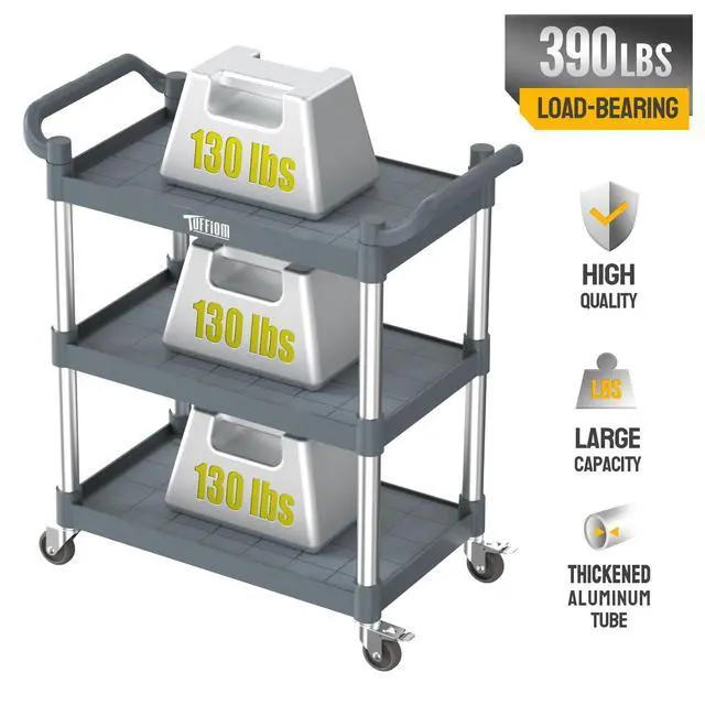 Alt view image 6 of 7 - 3-Tier Plastic Service Utility Cart with Wheels,Heavy Duty 390lbs Capacity,Commercial Rolling for Restaurant, Foodservice, Office, Warehouse, Gray 24.6''L x 15.8''W x 37.4''H