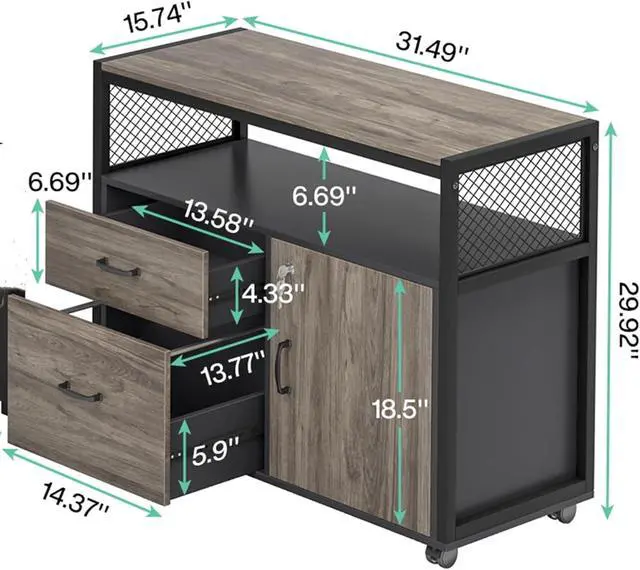 Alt view image 2 of 7 - Modern File Cabinet with Drawers for Letter-Sized File and Door, Lockable lateral Filing Cabinet Printer Stand with Storage Shelves and with Rolling Caster for Home Office (Dark Walnut)