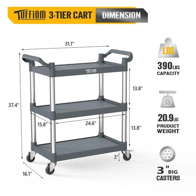 Alt view image 7 of 7 - 3-Tier Plastic Service Utility Cart with Wheels,Heavy Duty 390lbs Capacity,Commercial Rolling for Restaurant, Foodservice, Office, Warehouse, Gray 24.6''L x 15.8''W x 37.4''H