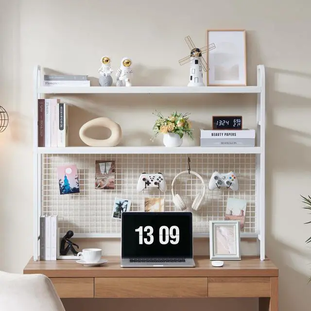 Alt view image 2 of 7 - Desk Shelf, 45.3 Desktop Organizer Shelf with Grid Panel and Hooks, Desk Hutch for Computer Monitor, 2 Tier Desk Display Rack Wood Desktop Bookshelf Storage for Home Office Dorm