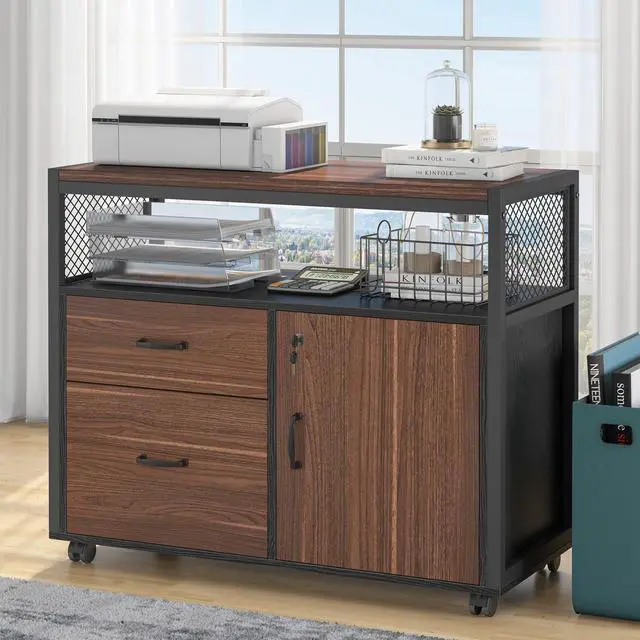Alt view image 3 of 7 - Modern File Cabinet with Drawers for Letter-Sized File and Door, Lockable lateral Filing Cabinet Printer Stand with Storage Shelves and with Rolling Caster for Home Office (Dark Walnut)