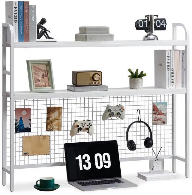 Main image of Desk Shelf, 45.3 Desktop Organizer Shelf with Grid Panel and Hooks, Desk Hutch for Computer Monitor, 2 Tier Desk Display Rack Wood Desktop Bookshelf Storage for Home Office Dorm