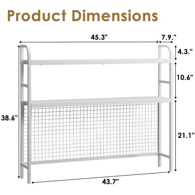 Alt view image 3 of 7 - Desk Shelf, 45.3 Desktop Organizer Shelf with Grid Panel and Hooks, Desk Hutch for Computer Monitor, 2 Tier Desk Display Rack Wood Desktop Bookshelf Storage for Home Office Dorm