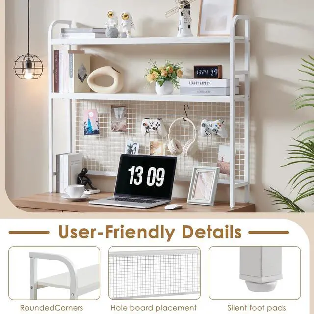 Alt view image 5 of 7 - Desk Shelf, 45.3 Desktop Organizer Shelf with Grid Panel and Hooks, Desk Hutch for Computer Monitor, 2 Tier Desk Display Rack Wood Desktop Bookshelf Storage for Home Office Dorm