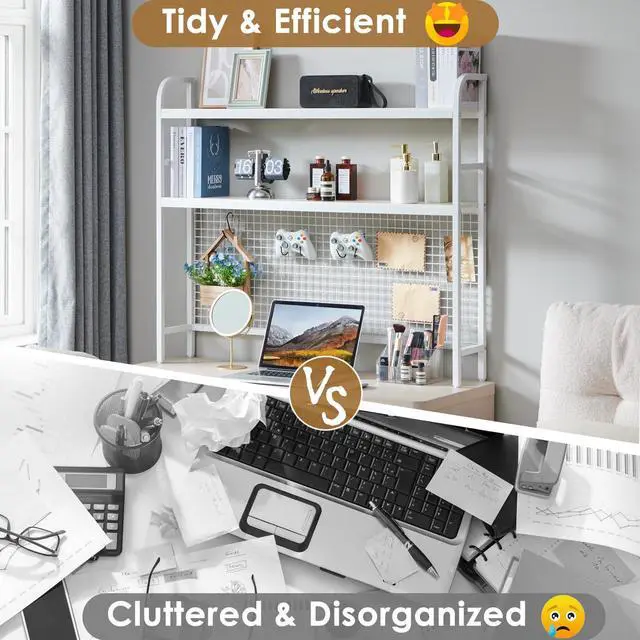 Alt view image 6 of 7 - Desk Shelf, 45.3 Desktop Organizer Shelf with Grid Panel and Hooks, Desk Hutch for Computer Monitor, 2 Tier Desk Display Rack Wood Desktop Bookshelf Storage for Home Office Dorm