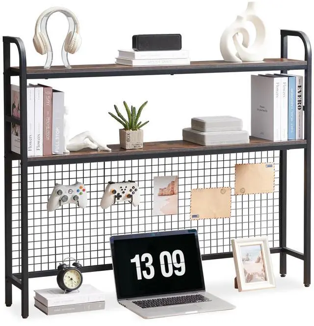 Main image of Desk Shelf, 45.3 Desktop Organizer Shelf with Grid Panel and Hooks, Desk Hutch for Computer Monitor, 2 Tier Desk Display Rack Wood Desktop Bookshelf Storage for Home Office Dorm