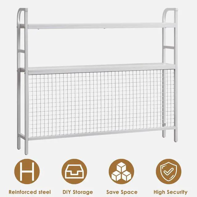 Alt view image 7 of 7 - Desk Shelf, 45.3 Desktop Organizer Shelf with Grid Panel and Hooks, Desk Hutch for Computer Monitor, 2 Tier Desk Display Rack Wood Desktop Bookshelf Storage for Home Office Dorm
