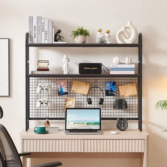 Alt view image 2 of 7 - Desk Shelf, 45.3 Desktop Organizer Shelf with Grid Panel and Hooks, Desk Hutch for Computer Monitor, 2 Tier Desk Display Rack Wood Desktop Bookshelf Storage for Home Office Dorm