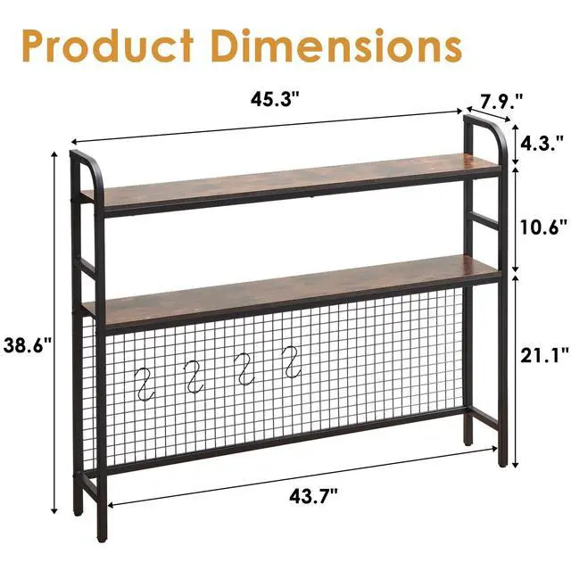 Alt view image 3 of 7 - Desk Shelf, 45.3 Desktop Organizer Shelf with Grid Panel and Hooks, Desk Hutch for Computer Monitor, 2 Tier Desk Display Rack Wood Desktop Bookshelf Storage for Home Office Dorm