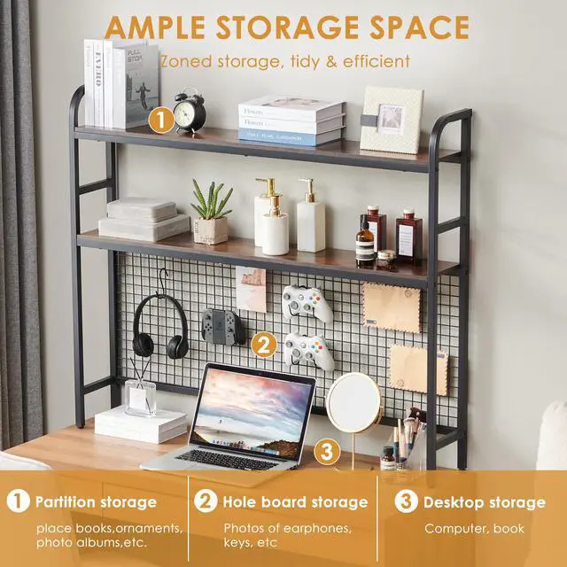 Alt view image 4 of 7 - Desk Shelf, 45.3 Desktop Organizer Shelf with Grid Panel and Hooks, Desk Hutch for Computer Monitor, 2 Tier Desk Display Rack Wood Desktop Bookshelf Storage for Home Office Dorm