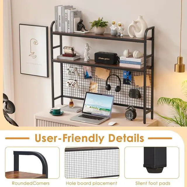 Alt view image 5 of 7 - Desk Shelf, 45.3 Desktop Organizer Shelf with Grid Panel and Hooks, Desk Hutch for Computer Monitor, 2 Tier Desk Display Rack Wood Desktop Bookshelf Storage for Home Office Dorm