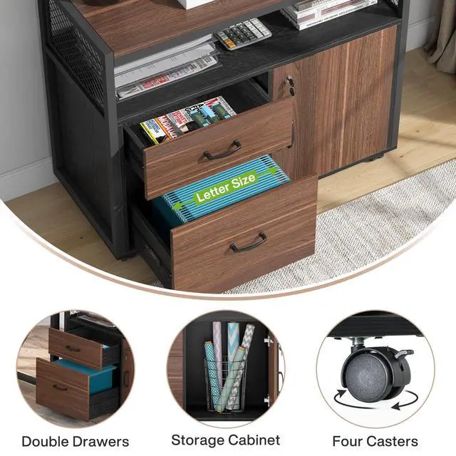 Alt view image 4 of 7 - Modern File Cabinet with Drawers for Letter-Sized File and Door, Lockable lateral Filing Cabinet Printer Stand with Storage Shelves and with Rolling Caster for Home Office (Dark Walnut)