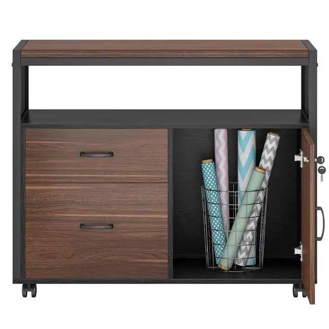 Alt view image 5 of 7 - Modern File Cabinet with Drawers for Letter-Sized File and Door, Lockable lateral Filing Cabinet Printer Stand with Storage Shelves and with Rolling Caster for Home Office (Dark Walnut)