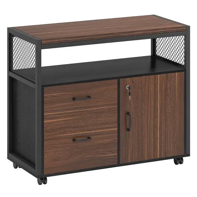 Alt view image 6 of 7 - Modern File Cabinet with Drawers for Letter-Sized File and Door, Lockable lateral Filing Cabinet Printer Stand with Storage Shelves and with Rolling Caster for Home Office (Dark Walnut)