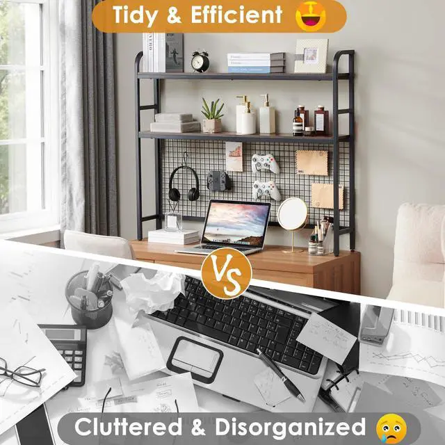 Alt view image 6 of 7 - Desk Shelf, 45.3 Desktop Organizer Shelf with Grid Panel and Hooks, Desk Hutch for Computer Monitor, 2 Tier Desk Display Rack Wood Desktop Bookshelf Storage for Home Office Dorm