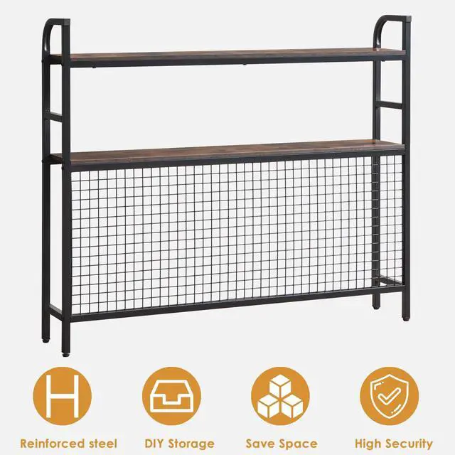 Alt view image 7 of 7 - Desk Shelf, 45.3 Desktop Organizer Shelf with Grid Panel and Hooks, Desk Hutch for Computer Monitor, 2 Tier Desk Display Rack Wood Desktop Bookshelf Storage for Home Office Dorm