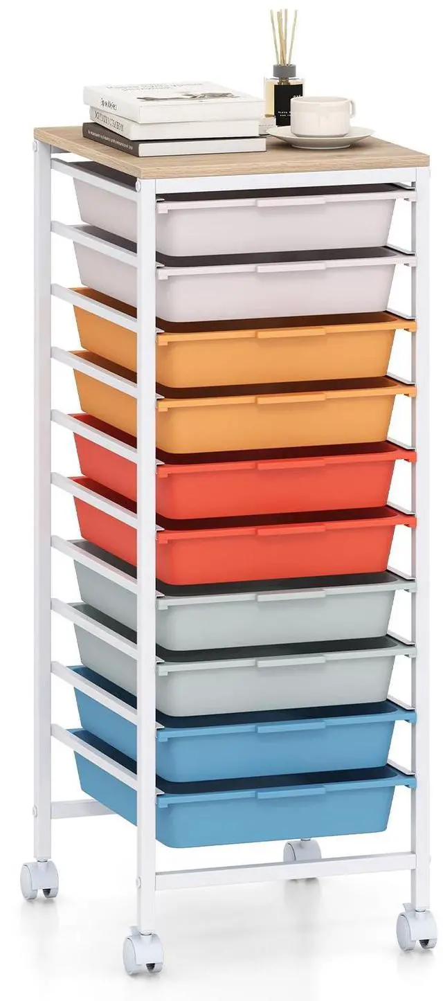 Main image of 10-Drawer Rolling Storage Cart w/Lockable Wheels(Macaron) | Utility Cart w/ Wood Top, Art Craft Organizer for Home, School, Paper Storage, Craft Room, Classroom, Office & Dorm Supplies