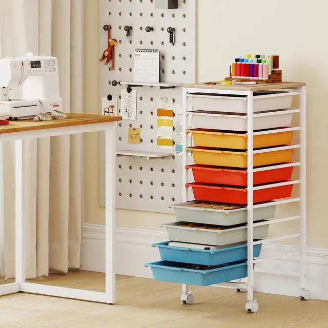 Alt view image 2 of 7 - 10-Drawer Rolling Storage Cart w/Lockable Wheels(Macaron) | Utility Cart w/ Wood Top, Art Craft Organizer for Home, School, Paper Storage, Craft Room, Classroom, Office & Dorm Supplies
