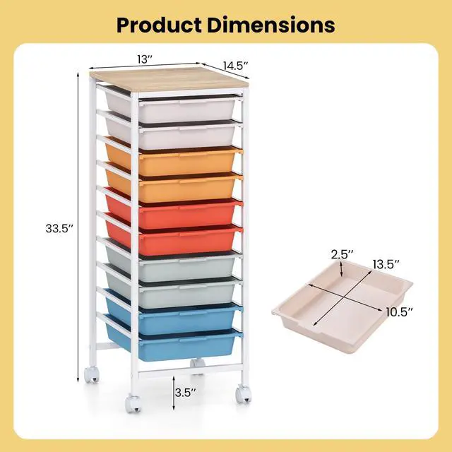 Alt view image 3 of 7 - 10-Drawer Rolling Storage Cart w/Lockable Wheels(Macaron) | Utility Cart w/ Wood Top, Art Craft Organizer for Home, School, Paper Storage, Craft Room, Classroom, Office & Dorm Supplies