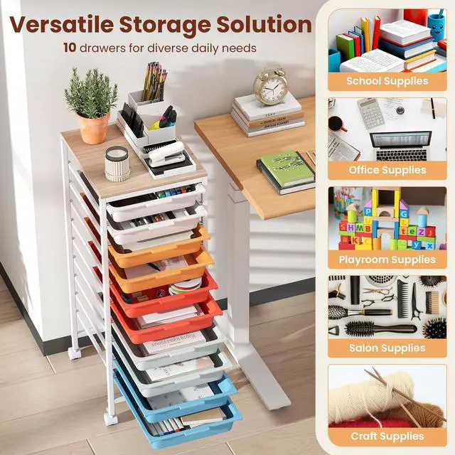 Alt view image 4 of 7 - 10-Drawer Rolling Storage Cart w/Lockable Wheels(Macaron) | Utility Cart w/ Wood Top, Art Craft Organizer for Home, School, Paper Storage, Craft Room, Classroom, Office & Dorm Supplies
