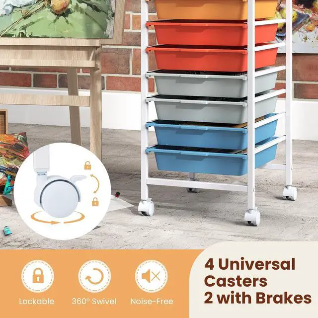 Alt view image 6 of 7 - 10-Drawer Rolling Storage Cart w/Lockable Wheels(Macaron) | Utility Cart w/ Wood Top, Art Craft Organizer for Home, School, Paper Storage, Craft Room, Classroom, Office & Dorm Supplies