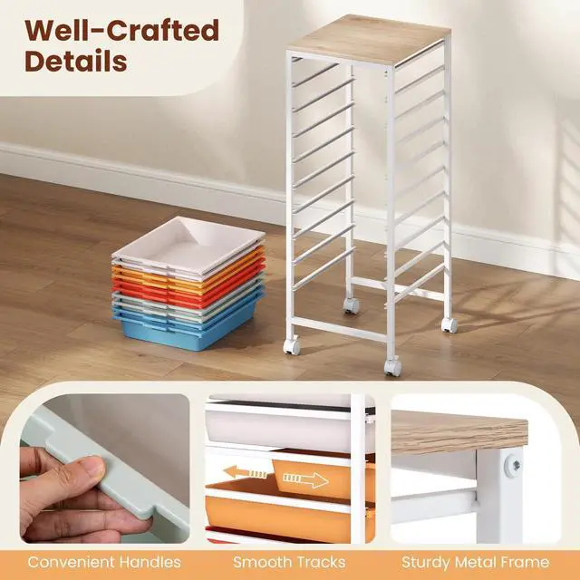 Alt view image 7 of 7 - 10-Drawer Rolling Storage Cart w/Lockable Wheels(Macaron) | Utility Cart w/ Wood Top, Art Craft Organizer for Home, School, Paper Storage, Craft Room, Classroom, Office & Dorm Supplies