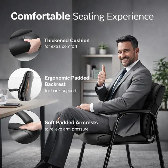 Alt view image 4 of 7 - Office Guest Chair, PU Leather Padded Arms,Set of 4 | Waiting rooms, reception areas, conference rooms, clinics, metal frame, no wheels, high-density cushion, ergonomic backrest