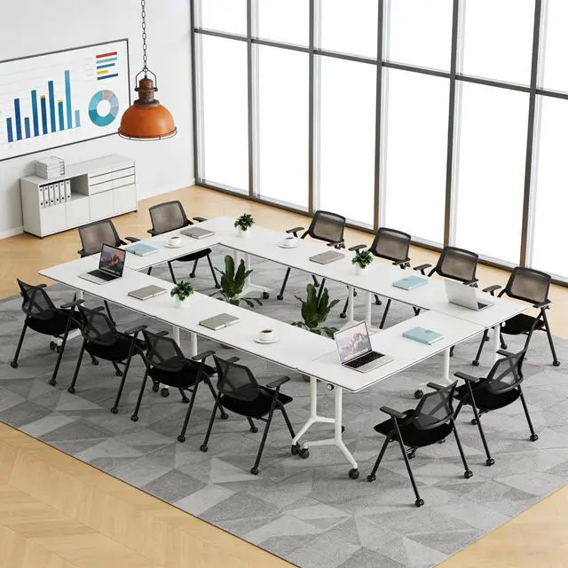 Alt view image 7 of 7 - Folding Conference Room Tables, Modern Flip Top Training Table with Locking Wheels, Mobile Meeting Desk for Office, Seminar, Classroom and Meeting Room, White