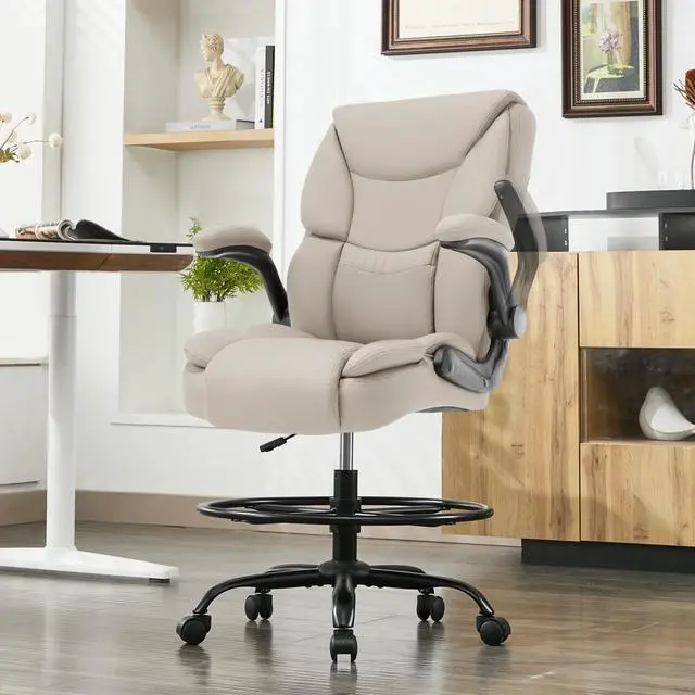 Main image of 500LBS Drafting Chair, High Back Safer Standing Desk Chair, Executive Tall Office Chair with Flip-up Armrests, Upholstered PU Leather Task Chair, Ergonomic Seat with Adjustable Height&Foot Ring,Beige