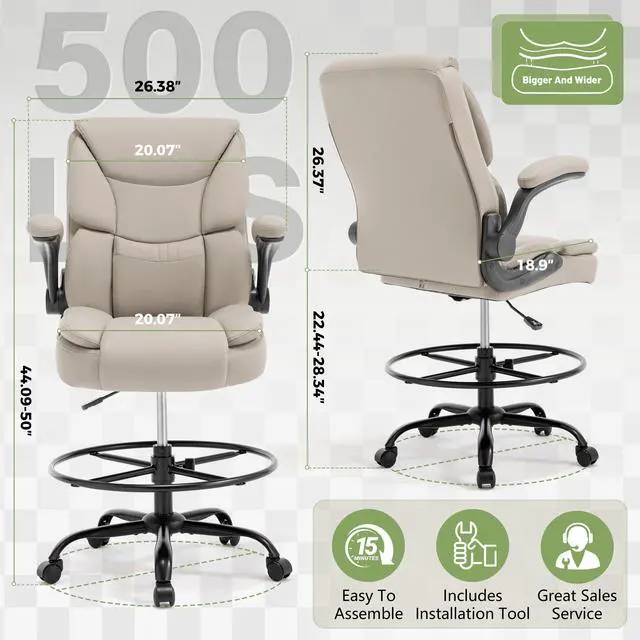 Alt view image 2 of 7 - 500LBS Drafting Chair, High Back Safer Standing Desk Chair, Executive Tall Office Chair with Flip-up Armrests, Upholstered PU Leather Task Chair, Ergonomic Seat with Adjustable Height&Foot Ring,Beige