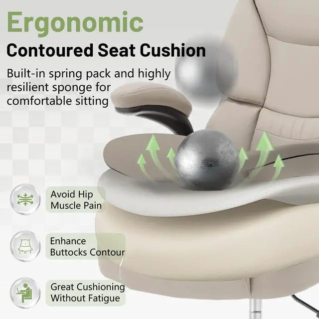 Alt view image 3 of 7 - 500LBS Drafting Chair, High Back Safer Standing Desk Chair, Executive Tall Office Chair with Flip-up Armrests, Upholstered PU Leather Task Chair, Ergonomic Seat with Adjustable Height&Foot Ring,Beige