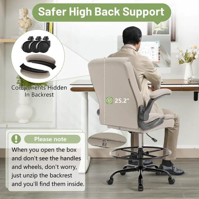 Alt view image 4 of 7 - 500LBS Drafting Chair, High Back Safer Standing Desk Chair, Executive Tall Office Chair with Flip-up Armrests, Upholstered PU Leather Task Chair, Ergonomic Seat with Adjustable Height&Foot Ring,Beige