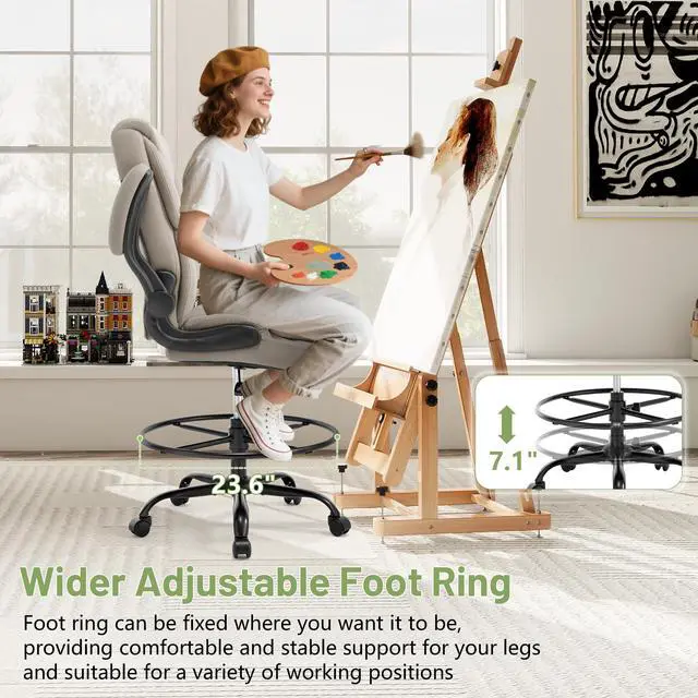 Alt view image 6 of 7 - 500LBS Drafting Chair, High Back Safer Standing Desk Chair, Executive Tall Office Chair with Flip-up Armrests, Upholstered PU Leather Task Chair, Ergonomic Seat with Adjustable Height&Foot Ring,Beige
