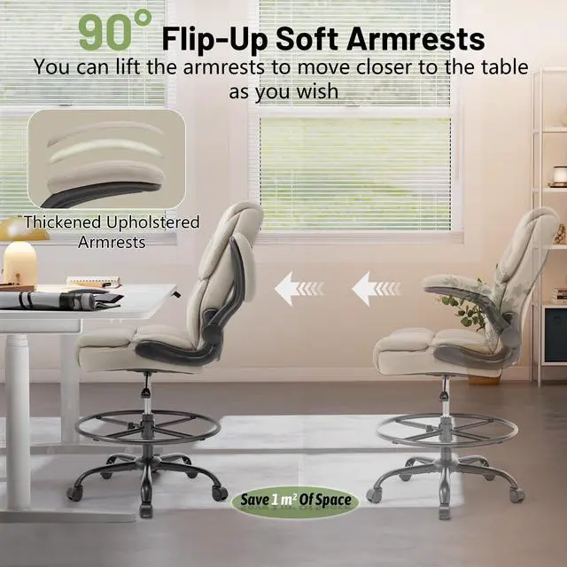 Alt view image 5 of 7 - 500LBS Drafting Chair, High Back Safer Standing Desk Chair, Executive Tall Office Chair with Flip-up Armrests, Upholstered PU Leather Task Chair, Ergonomic Seat with Adjustable Height&Foot Ring,Beige