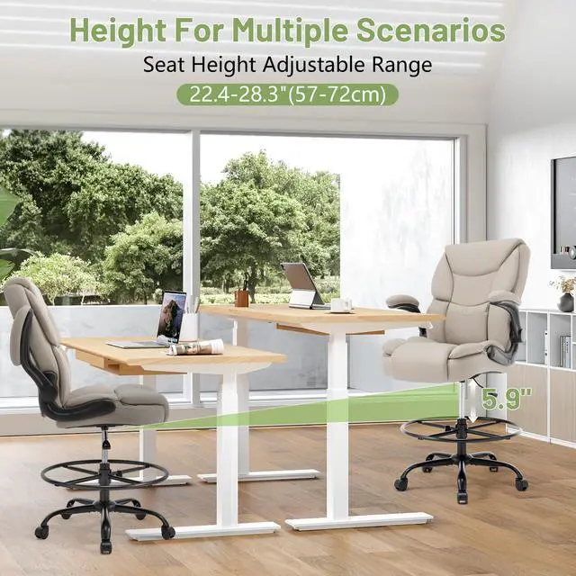 Alt view image 7 of 7 - 500LBS Drafting Chair, High Back Safer Standing Desk Chair, Executive Tall Office Chair with Flip-up Armrests, Upholstered PU Leather Task Chair, Ergonomic Seat with Adjustable Height&Foot Ring,Beige