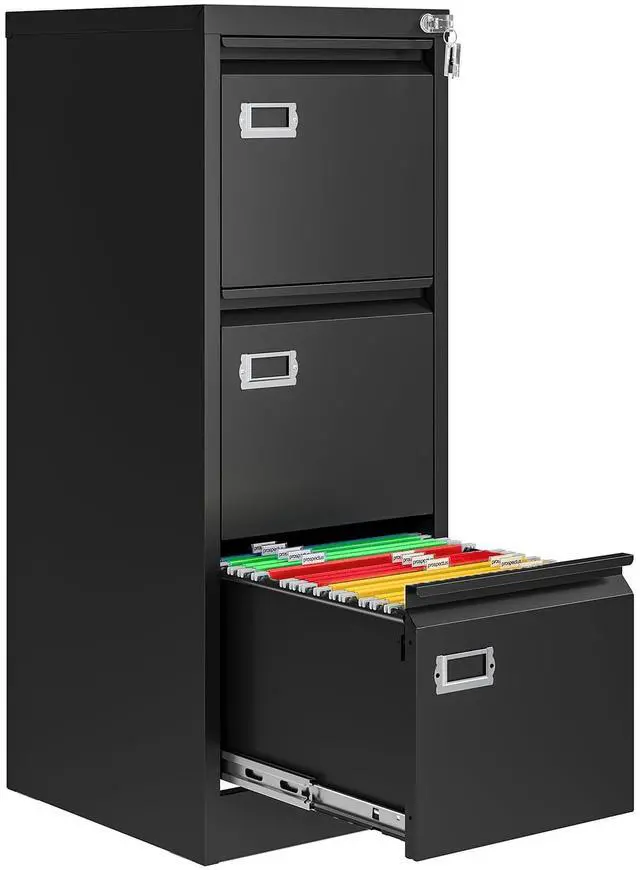 Main image of 3 Drawer File Cabinet with Lock, Metal Filing Cabinets for Home Office, Vertical Black Locking File Caninet, Steel Narrow Three Drawer File Cabnet for Letter/Legal / A4 / B4- Assembly Required