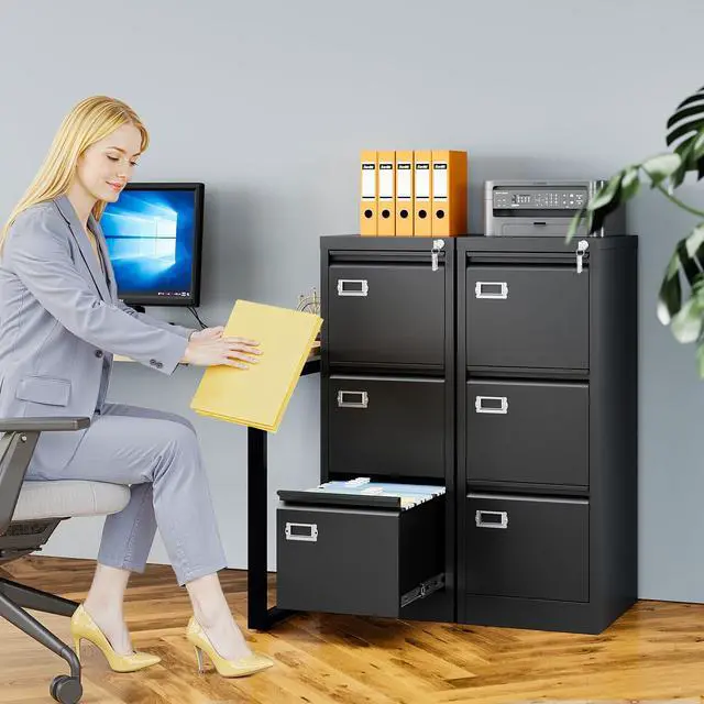 Alt view image 2 of 7 - 3 Drawer File Cabinet with Lock, Metal Filing Cabinets for Home Office, Vertical Black Locking File Caninet, Steel Narrow Three Drawer File Cabnet for Letter/Legal / A4 / B4- Assembly Required