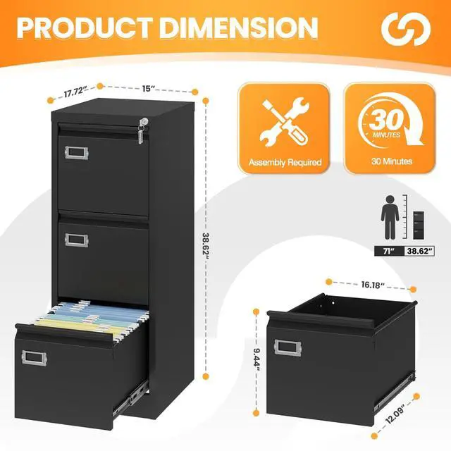 Alt view image 3 of 7 - 3 Drawer File Cabinet with Lock, Metal Filing Cabinets for Home Office, Vertical Black Locking File Caninet, Steel Narrow Three Drawer File Cabnet for Letter/Legal / A4 / B4- Assembly Required
