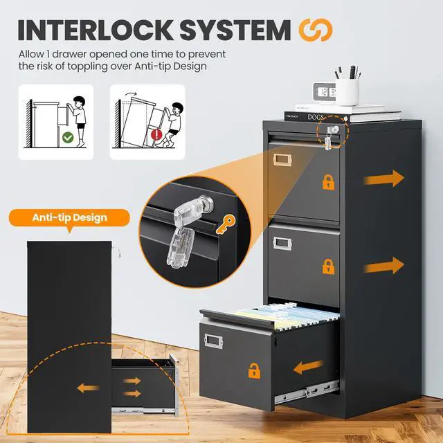 Alt view image 4 of 7 - 3 Drawer File Cabinet with Lock, Metal Filing Cabinets for Home Office, Vertical Black Locking File Caninet, Steel Narrow Three Drawer File Cabnet for Letter/Legal / A4 / B4- Assembly Required