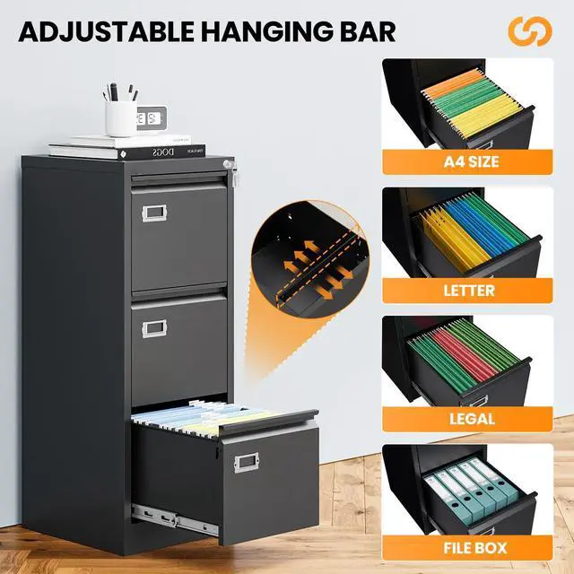 Alt view image 5 of 7 - 3 Drawer File Cabinet with Lock, Metal Filing Cabinets for Home Office, Vertical Black Locking File Caninet, Steel Narrow Three Drawer File Cabnet for Letter/Legal / A4 / B4- Assembly Required
