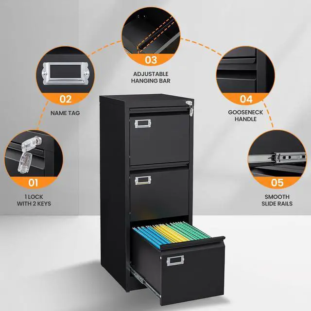 Alt view image 6 of 7 - 3 Drawer File Cabinet with Lock, Metal Filing Cabinets for Home Office, Vertical Black Locking File Caninet, Steel Narrow Three Drawer File Cabnet for Letter/Legal / A4 / B4- Assembly Required