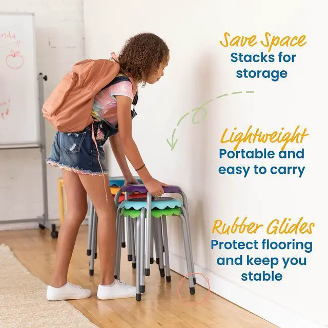 Alt view image 4 of 6 - Daisy Stackable Stool with Glides Seating Set, Flexible Seating, Assorted, 8-Piece | Durable plastic and steel, GREENGUARD Gold Certified, 275 lb capacity, fully assembled, glides, classroom/home use