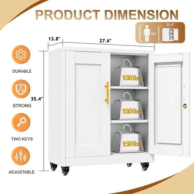 Alt view image 3 of 7 - 36" Metal File Garage Storage Cabinet with Lock and Wheels,Rolling Tool Steel Locker Organizer,3D Printer Table Cabinet with Filament and 2 Adjustable Shelves for Home Office,Studio,School (White)