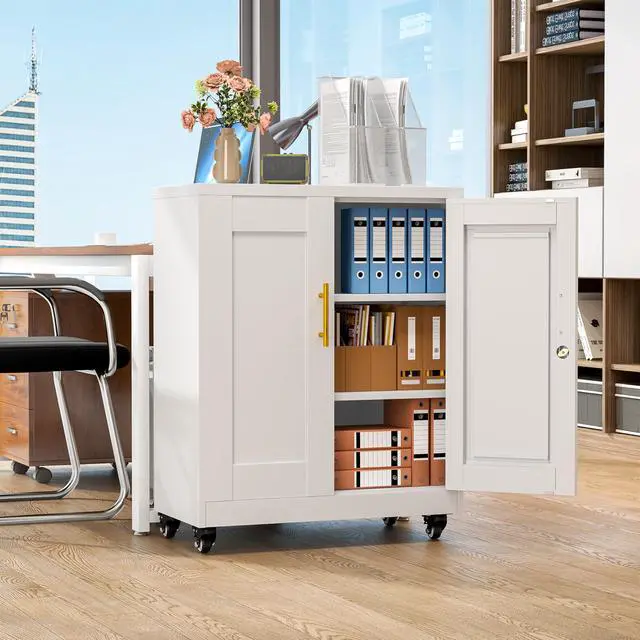 Alt view image 2 of 7 - 36" Metal File Garage Storage Cabinet with Lock and Wheels,Rolling Tool Steel Locker Organizer,3D Printer Table Cabinet with Filament and 2 Adjustable Shelves for Home Office,Studio,School (White)