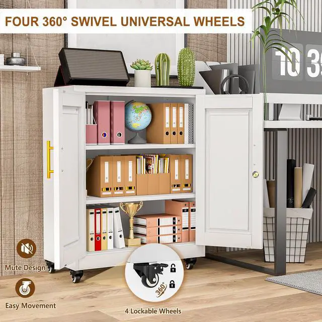 Alt view image 5 of 7 - 36" Metal File Garage Storage Cabinet with Lock and Wheels,Rolling Tool Steel Locker Organizer,3D Printer Table Cabinet with Filament and 2 Adjustable Shelves for Home Office,Studio,School (White)