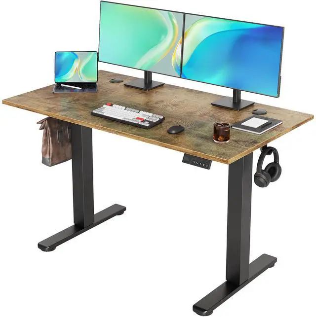 Main image of Electric Standing Desk Adjustable Height, 48 x 24 Inch Sit Stand Desk with T-Shaped Frame, 3 Memory Presets & Cable Management for Home Office Computer Workstation, Black Frame/Rustic Brown Top