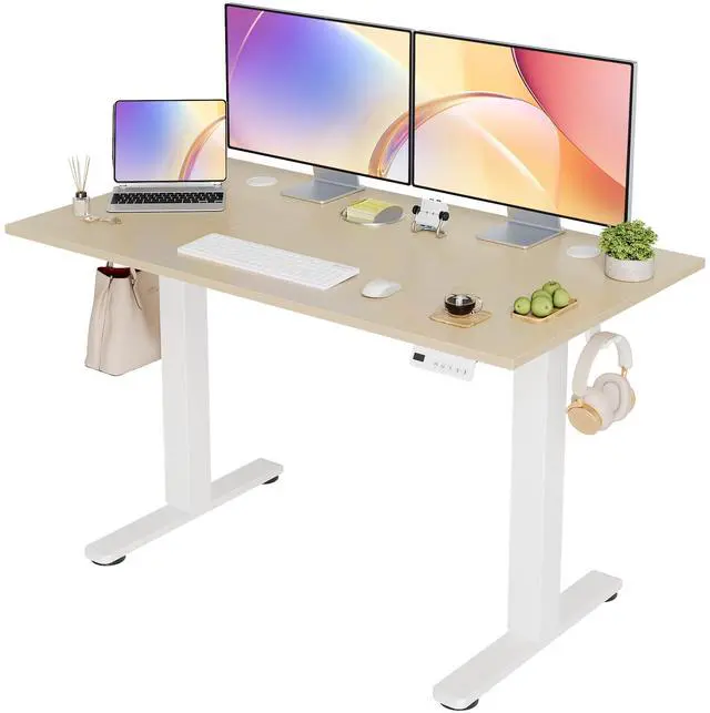 Main image of Electric Standing Desk Adjustable Height, 48 x 24 Inch Sit Stand Desk with T-Shaped Frame, 3 Memory Presets & Cable Management for Home Office Computer Workstation, White Frame/Nature Top